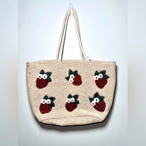 Handcrafted Artisan Beaded STRAWBERRY Canvas Tote Summer Beach NWT‎ A&B